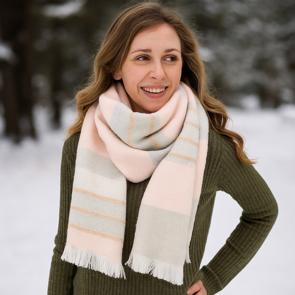 NWT Falls Creek Neck Scarf 29" x 78" Fashion Blanket Pink Gray Gold Threads NEW